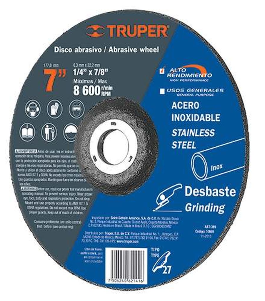Disco Tipo 27 de 7' x 7.2 mm desbaste de acero inoxidable ABT-389, 10669