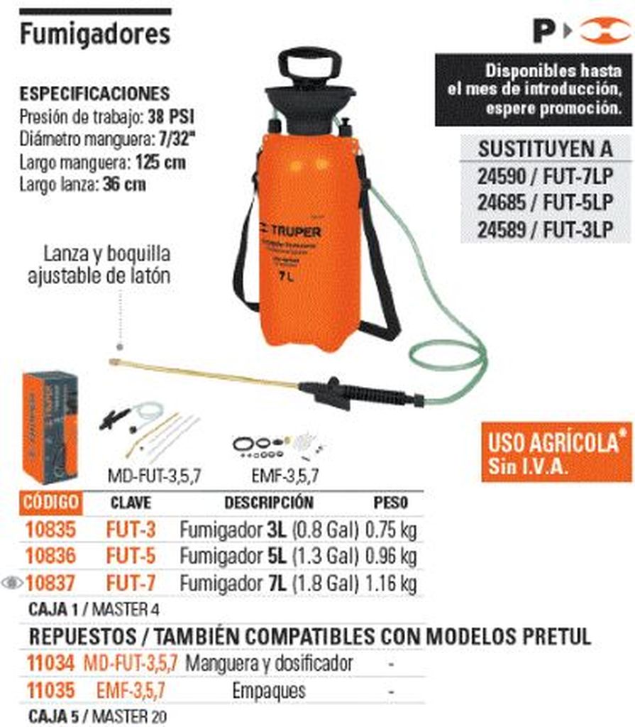 Fumigador jardinero 3 L (0.8 gal), Truper FUT-3, 10835
