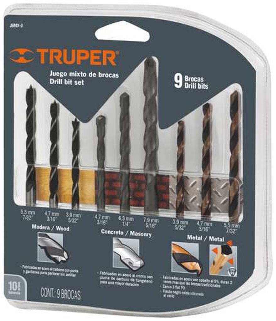 Juego de 9 brocas para metal, concreto y madera, Truper JBMX-9, 11339