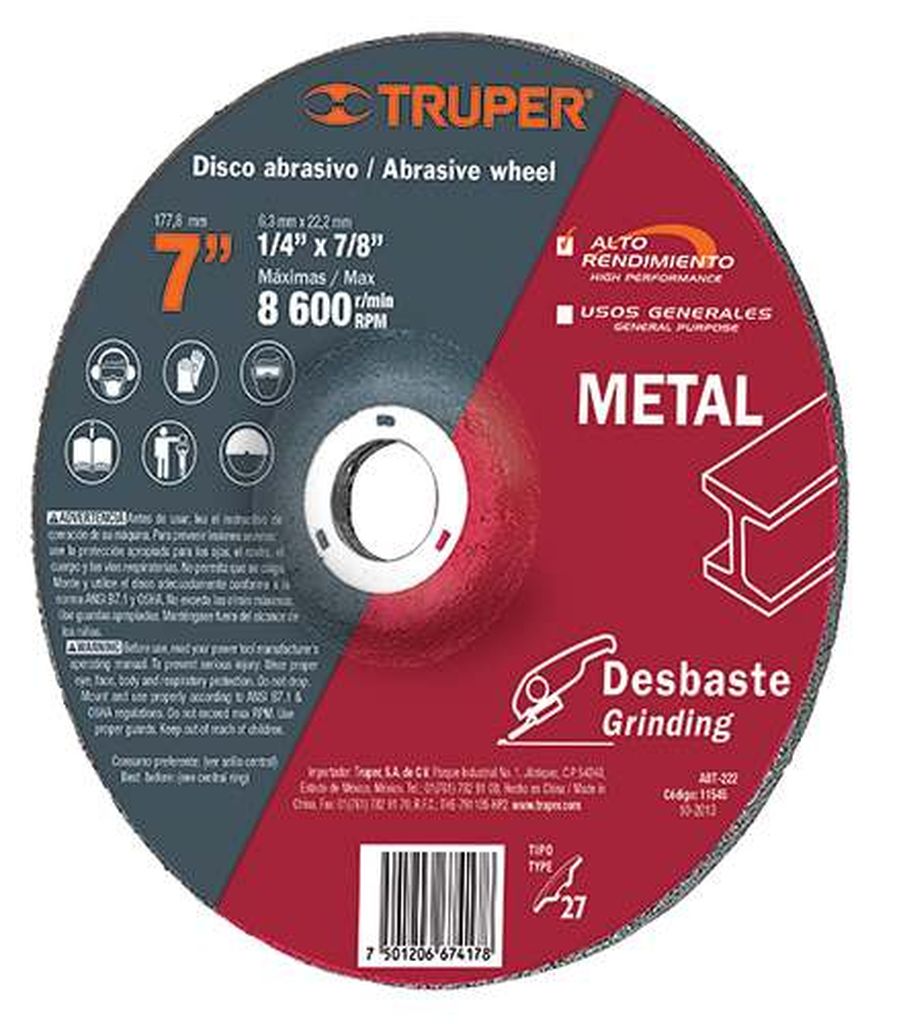 Disco Tipo 27 de 7' x 6.4 mm desbaste de metal, Expert ABT-222, 11545