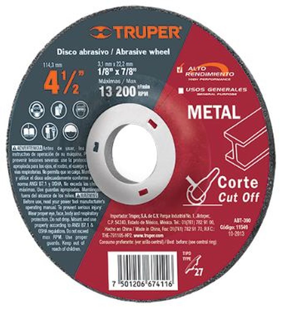 Disco Tipo 42 de 4-1/2' x 3.2 mm corte metal, Truper Expert ABT-390, 11549