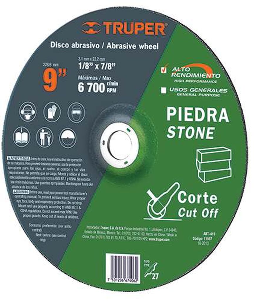 Disco Tipo 42 de 9' x 3.2 mm para corte de piedra, Truper ABT-419, 11557