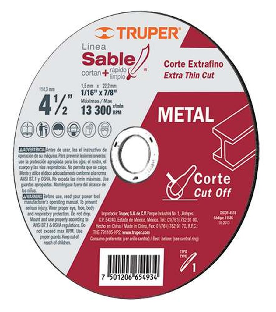 Disco Tipo 41 de 4-1/2' x 1.2 mm corte fino de metal, Sable DICOF-4512, 11584