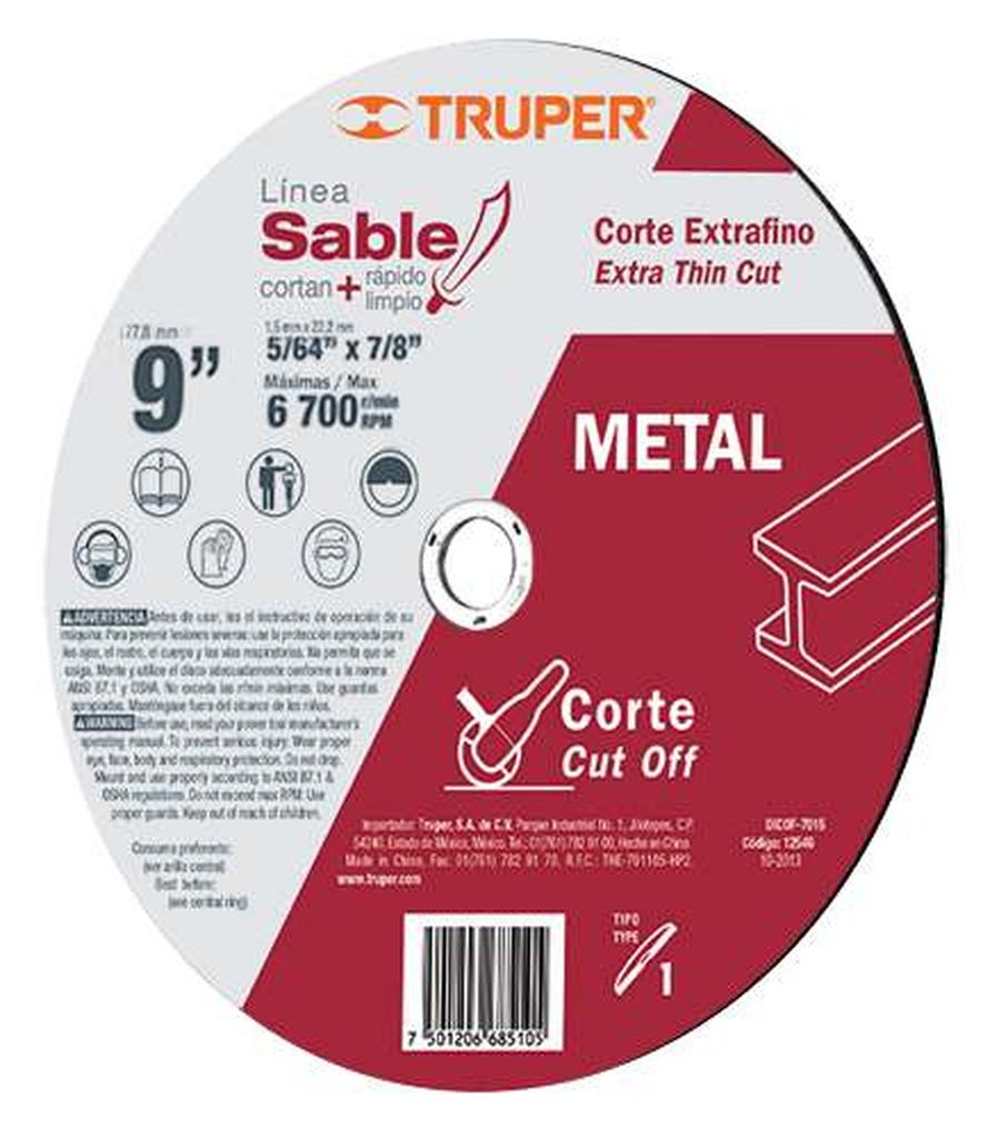 Disco Tipo 41 de 9' x 2 mm corte fino de metal, Sable DICOF-9020, 11587