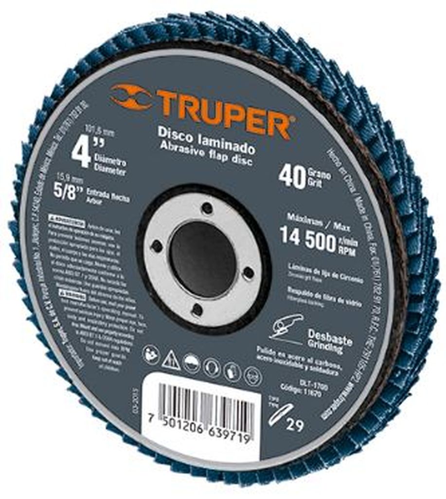 Disco laminado 4', grano 40 centro 5/8', Truper DLT-1700, 11670