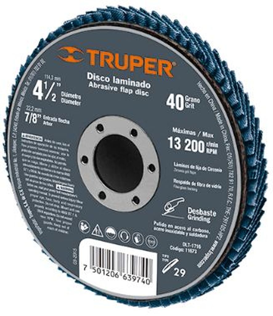 Disco 4-1/2' laminado grano 40 centro 7/8', Truper DLT-1716, 11673