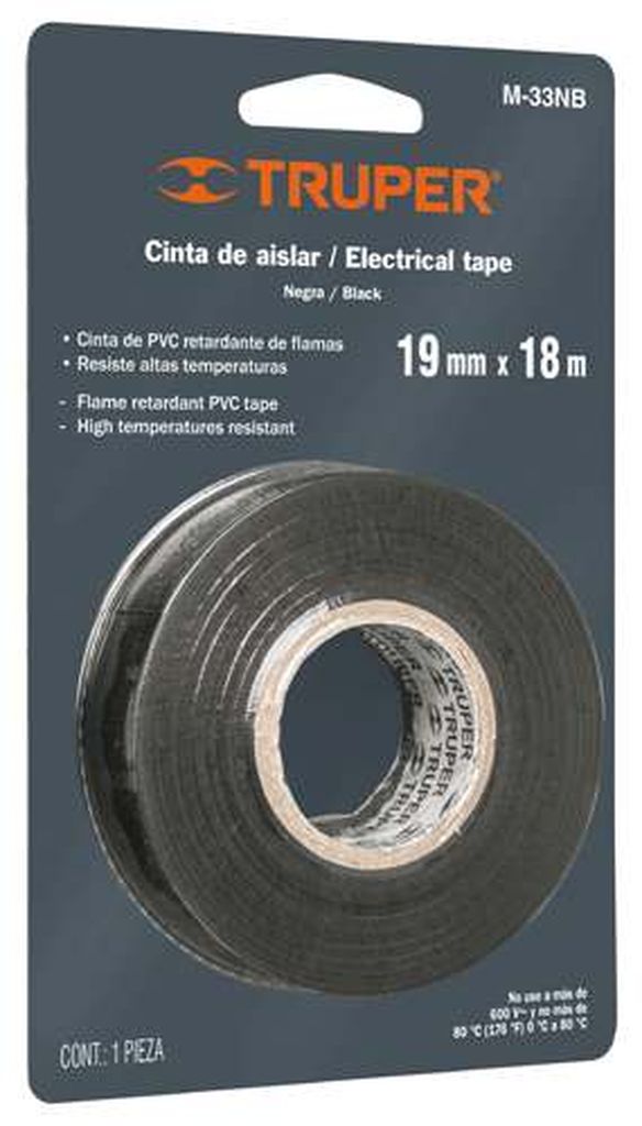 [12499] Cinta de aislar de 18 m x 19 mm, negra en blíster, Truper M-33NB, 12499