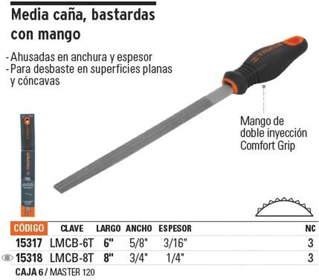 Lima media caña bastarda 8' mango doble inyección, Truper LMCB-8T, 15318