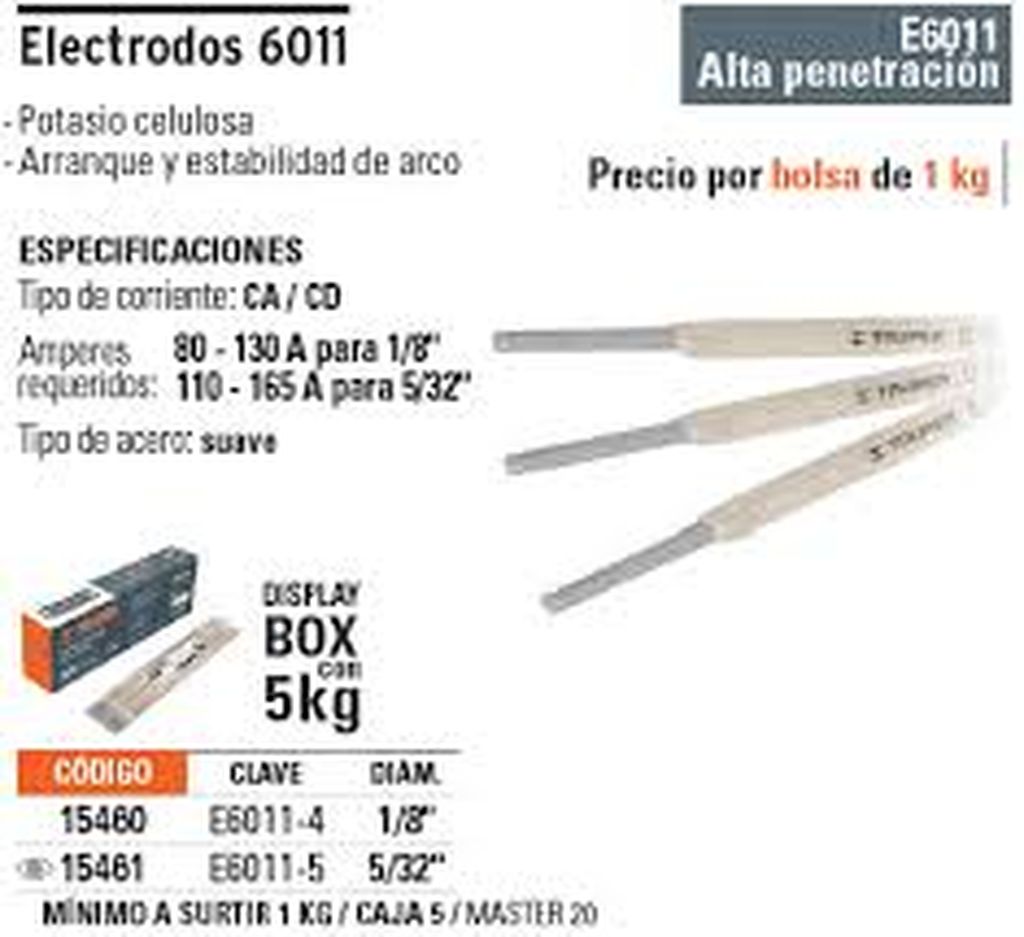 [15461] Bolsa con 1 kg de electrodos 6011 de 5/32', Truper E6011-5, 15461