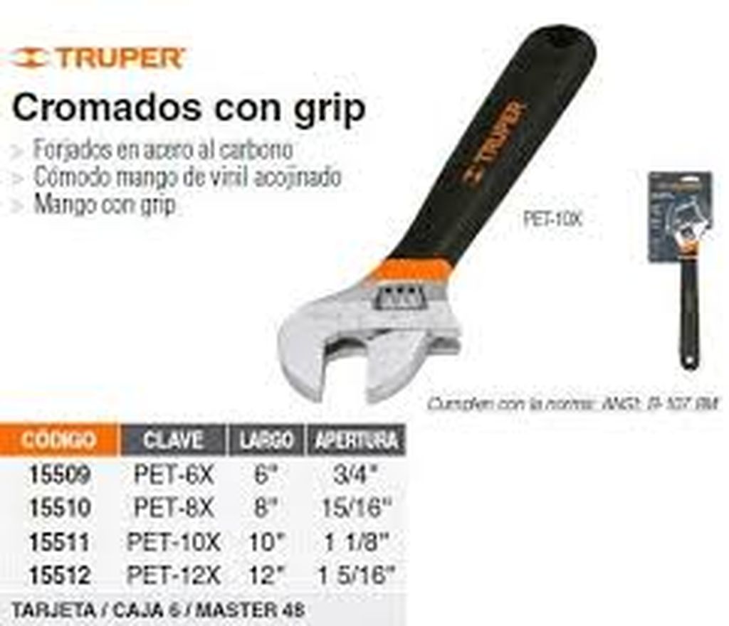 Llave ajustable (perico) 12' cromada mango de PVC, Truper PET-12X, 15512