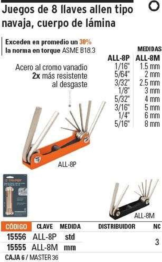 Juego de 8 llaves allen mm tipo navaja, cuerpo de lámina ALL-8M, 15555