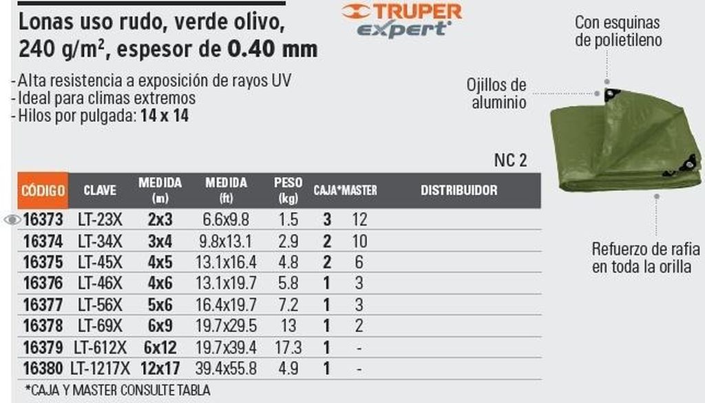 Lona uso rudo, verde olivo, 4 x 5 m, Truper Expert LT-45X, 16375