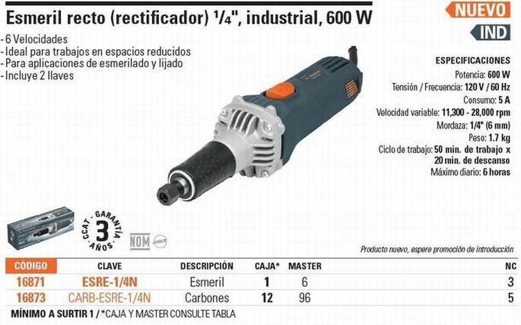 Esmeril recto (rectificador) 1/4' 600 W, industrial, Truper ESRE-1/4N, 16871