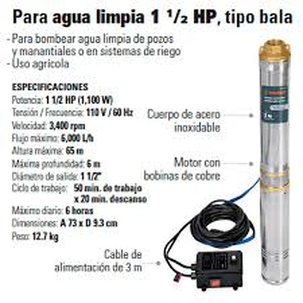 Bomba sumergible para pozo profundo, 1/2 HP, agua limpia BOS-1/2LM2, 16933