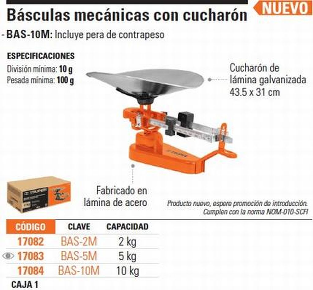 Báscula capacidad 2 kg mecánica con cucharón, Truper BAS-2M, 17082