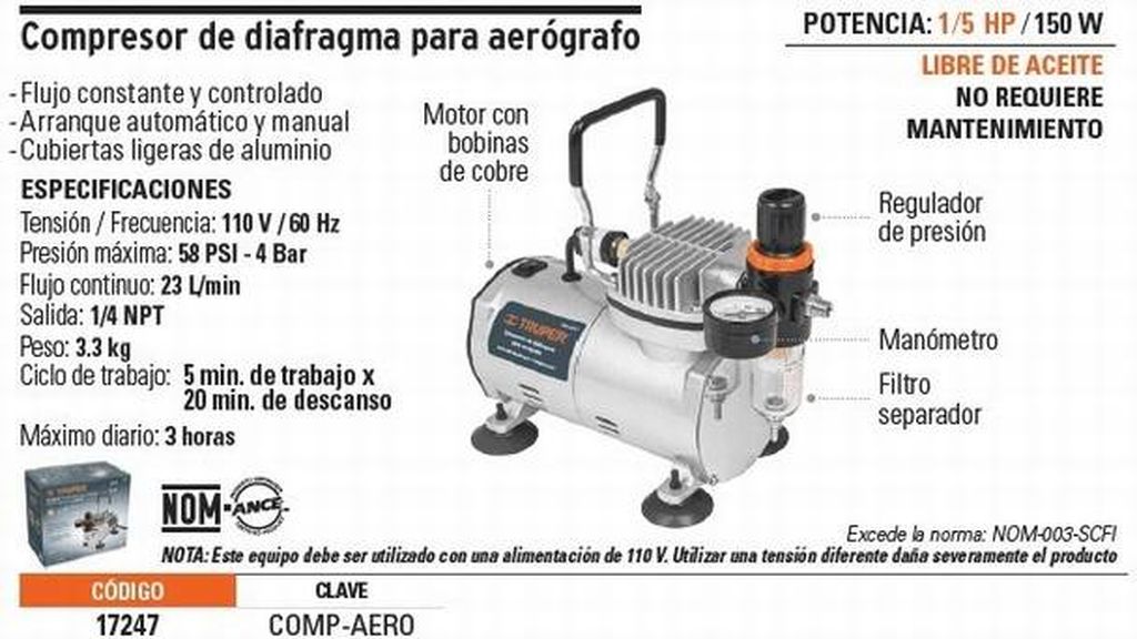 Compresor de diafragma para aerógrafo, 1/5 HP, 110 V, Truper COMP-AERO, 17247