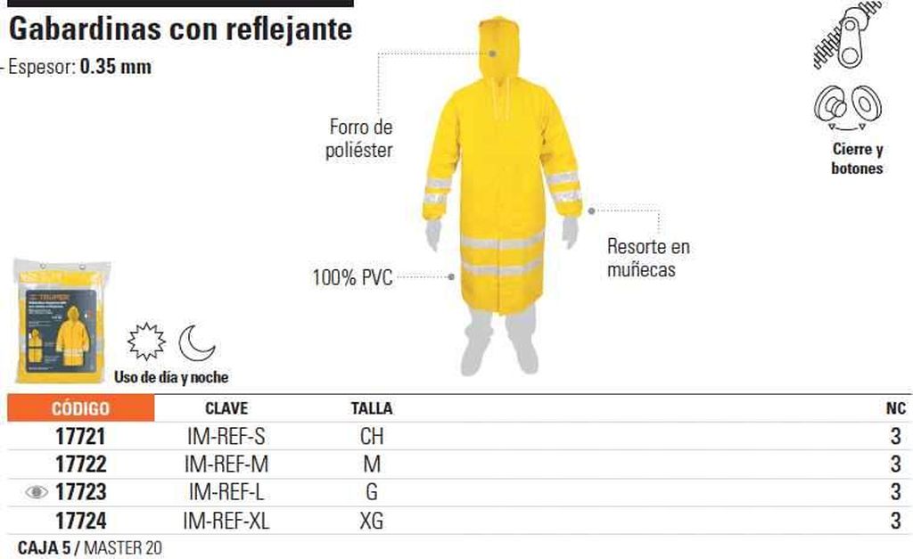 Gabardina impermeable doble capa con reflejante, CH, Truper IM-REF-S, 17721