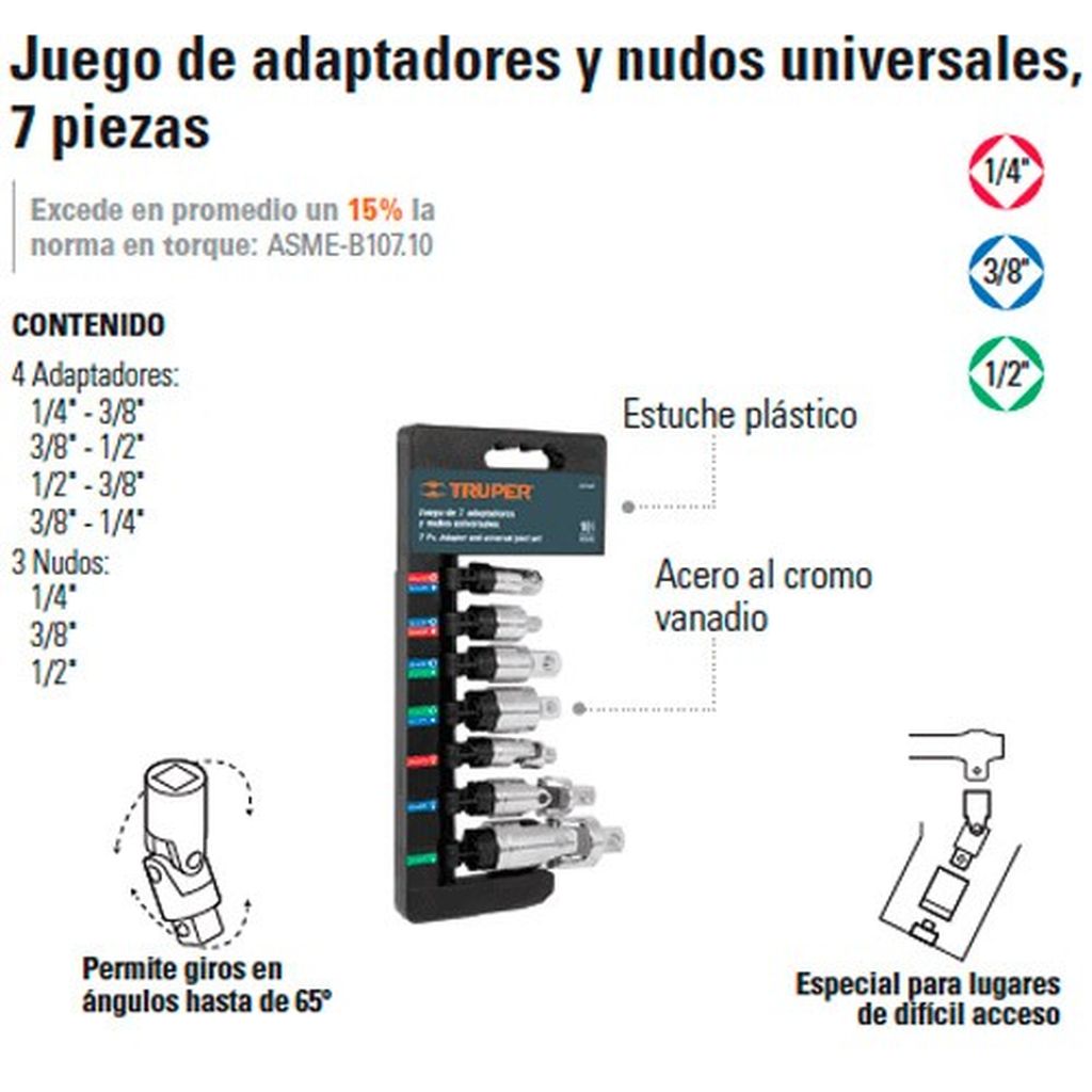 Juego de 7 piezas de adaptadores y nudos universales, Truper JGO-AN7, 17844
