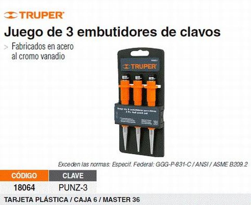 Juego de 3 embutidores de clavos, Truper PUNZ-3, 18064