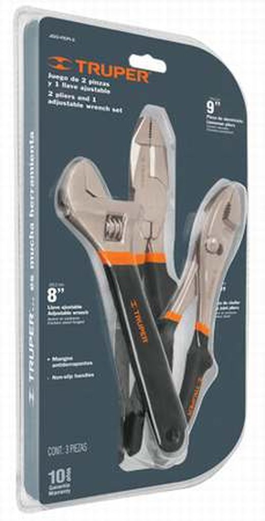 Juego con 2 pinzas y 1 llave ajustable mango de PVC, Truper JGO-PEPI-3, 18216