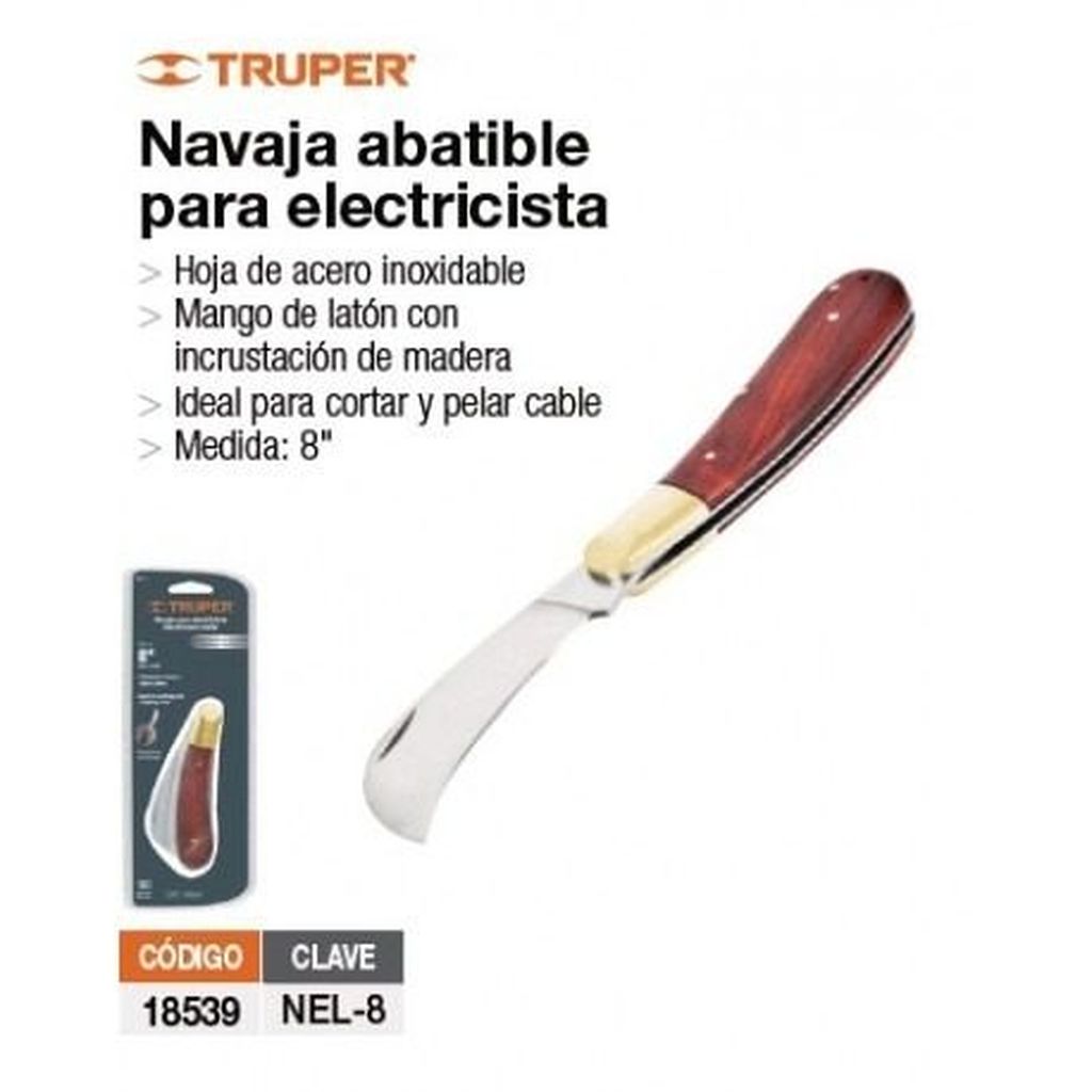 Cuchillo abatible 8' para electricista mango madera, Truper NEL-8, 18539