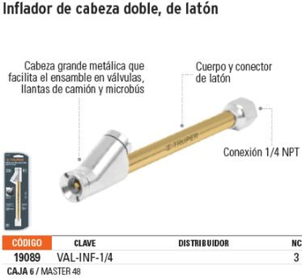 Inflador de cabeza doble, cuerda 1/4 NPT, Truper VAL-INF-1/4, 19089