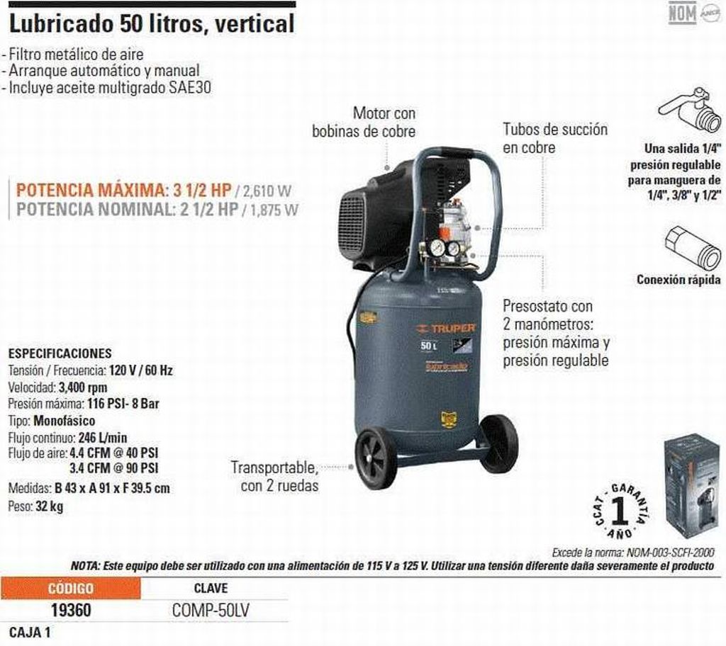Compresor lubricado banda, vertical 50L, 3-1/2HP 127V Truper COMP-50LV, 19360