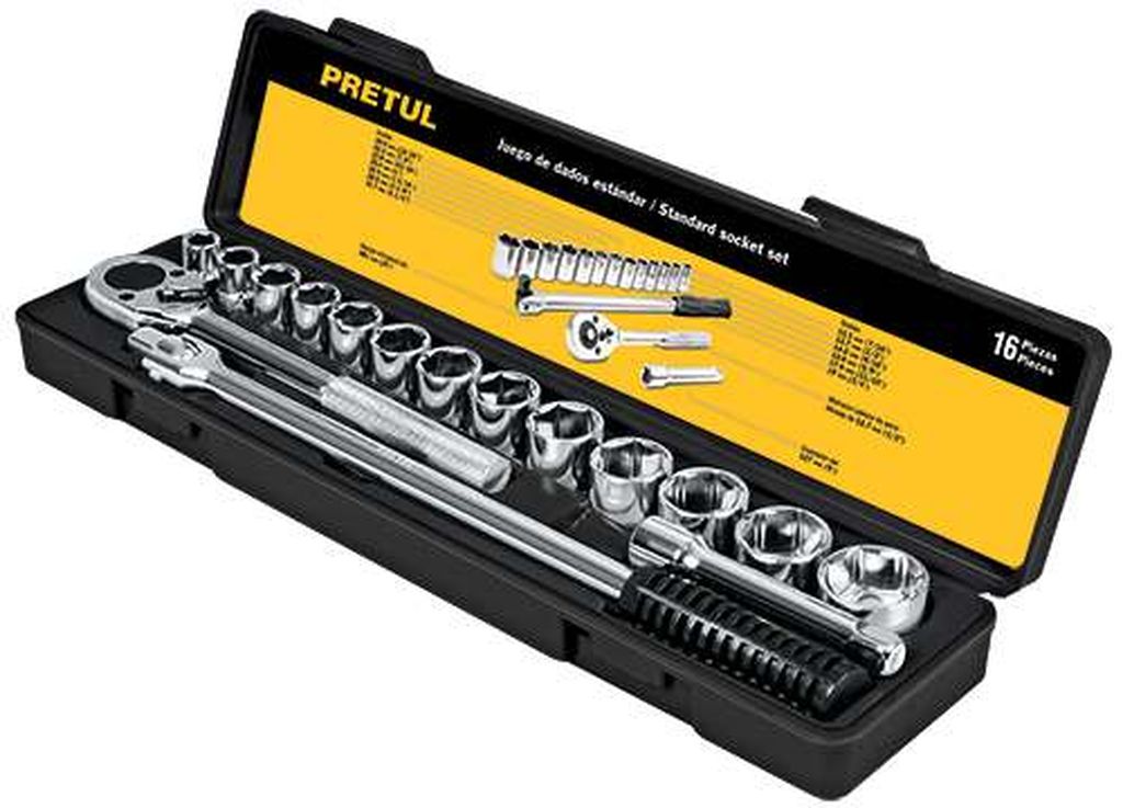 Juego de 16 herramientas 1/2' std para mecánico, Pretul JD-1/2X17SAE-P, 21172