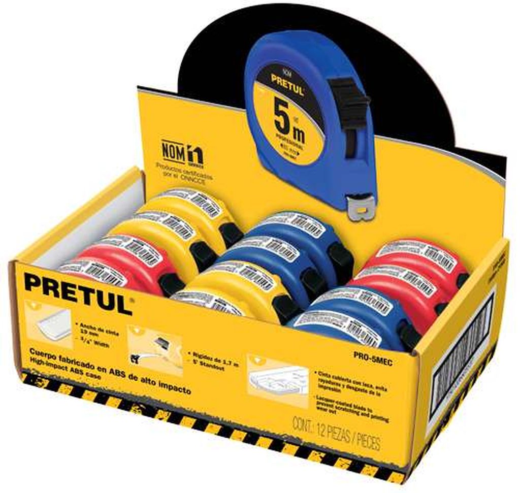 Flexómetro 5 m cinta 19 mm, display box con 12 pzas, Pretul PRO-5MEC, 21608