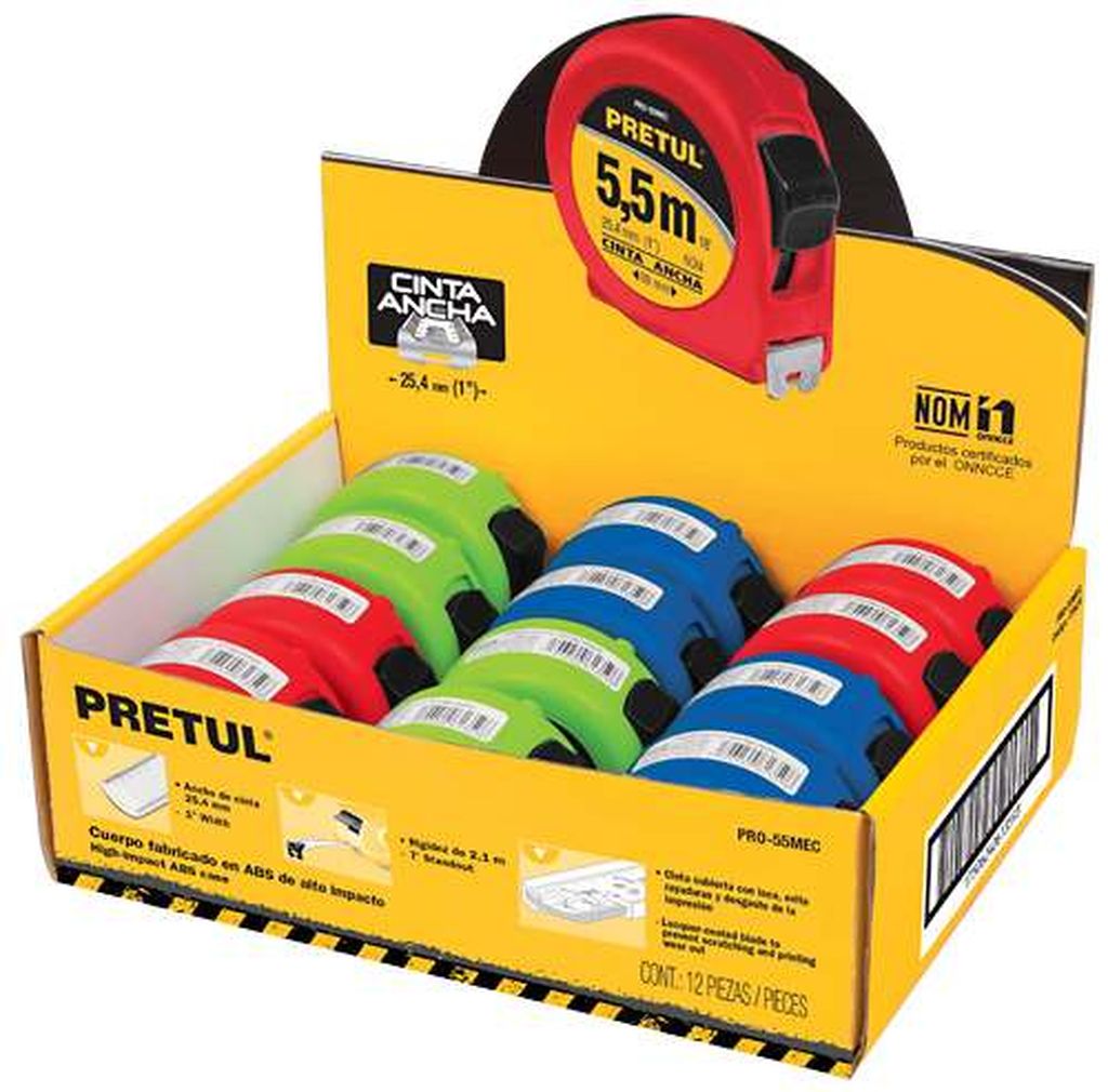 Flexómetro 5.5 m cinta 25 mm, display box con 12 pz, Pretul PRO-55MEC, 21624
