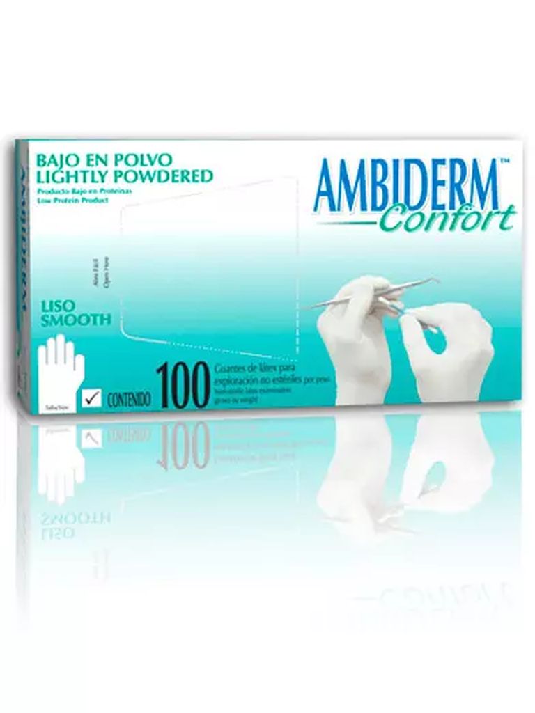 GUANTE DE LATEX LISO MEDIANO BLANCO CONFORT (CAJA C/100 PZAS), AMBIDERM