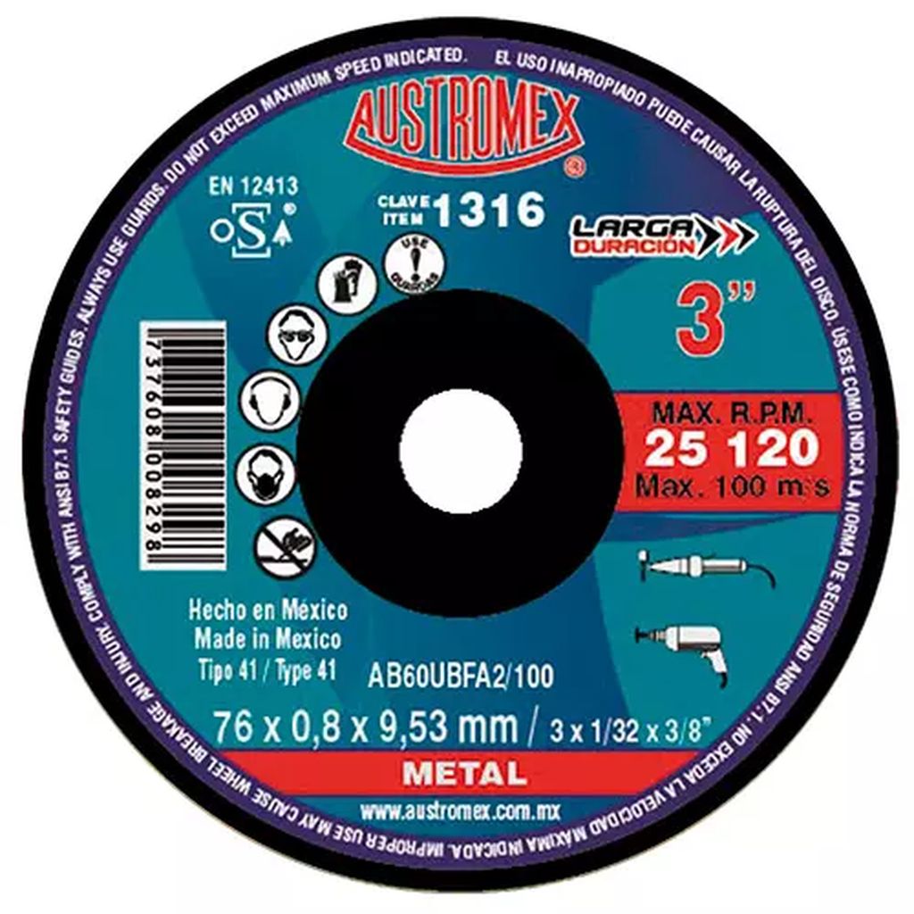 DISCO PARA CORTE DE METAL 3"X1/32"X3/8" LARGA DURACION, AUSTROMEX