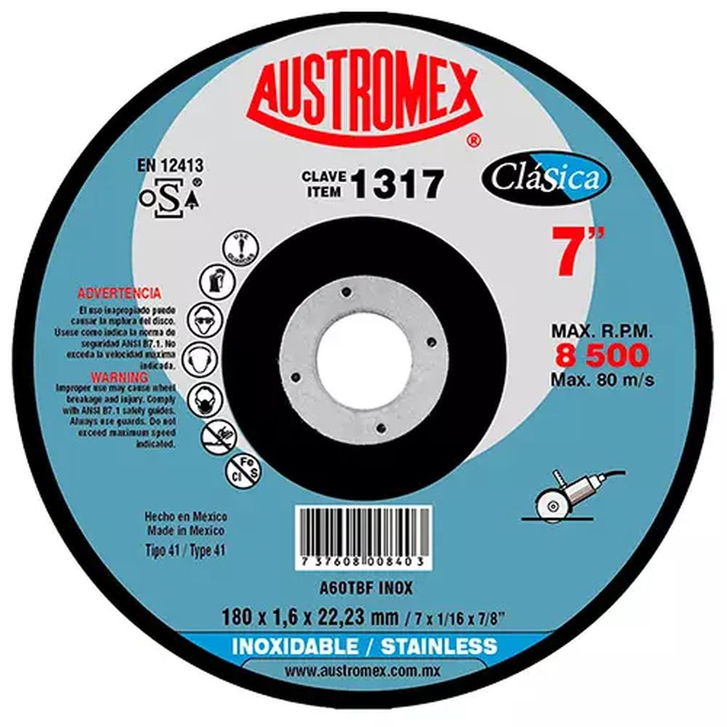 DISCO PARA CORTE DE ACERO INOXIDABLE 7"X1.5MMX7/8" SUPER DELGADO, AUSTROMEX