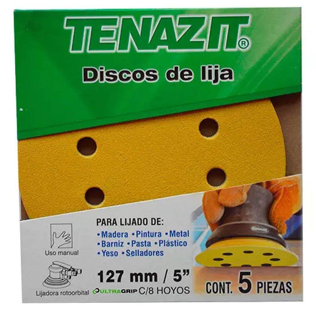 DISCO DE LIJA AUTOAD. 5" G080 C/VELCRO C/8 HOYOS USO GRL.(5PZAS), TENAZIT