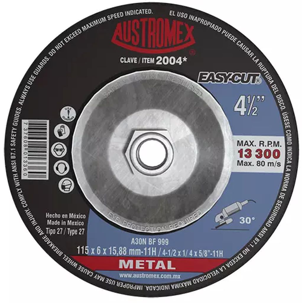 DISCO T-27 4.1/2"X1/4"X7/8" PARA DESBASTE DE METAL (EASY-CUT), AUSTROMEX
