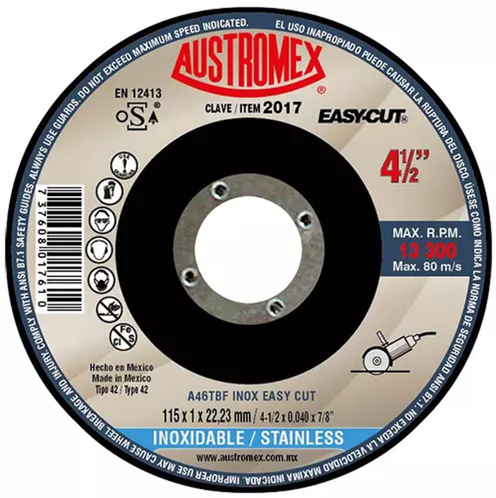 DISCO PARA CORTE DE ACERO INOXIDABLE 4.1/2"X1MMX7/8" (EASY-CUT), AUSTROMEX