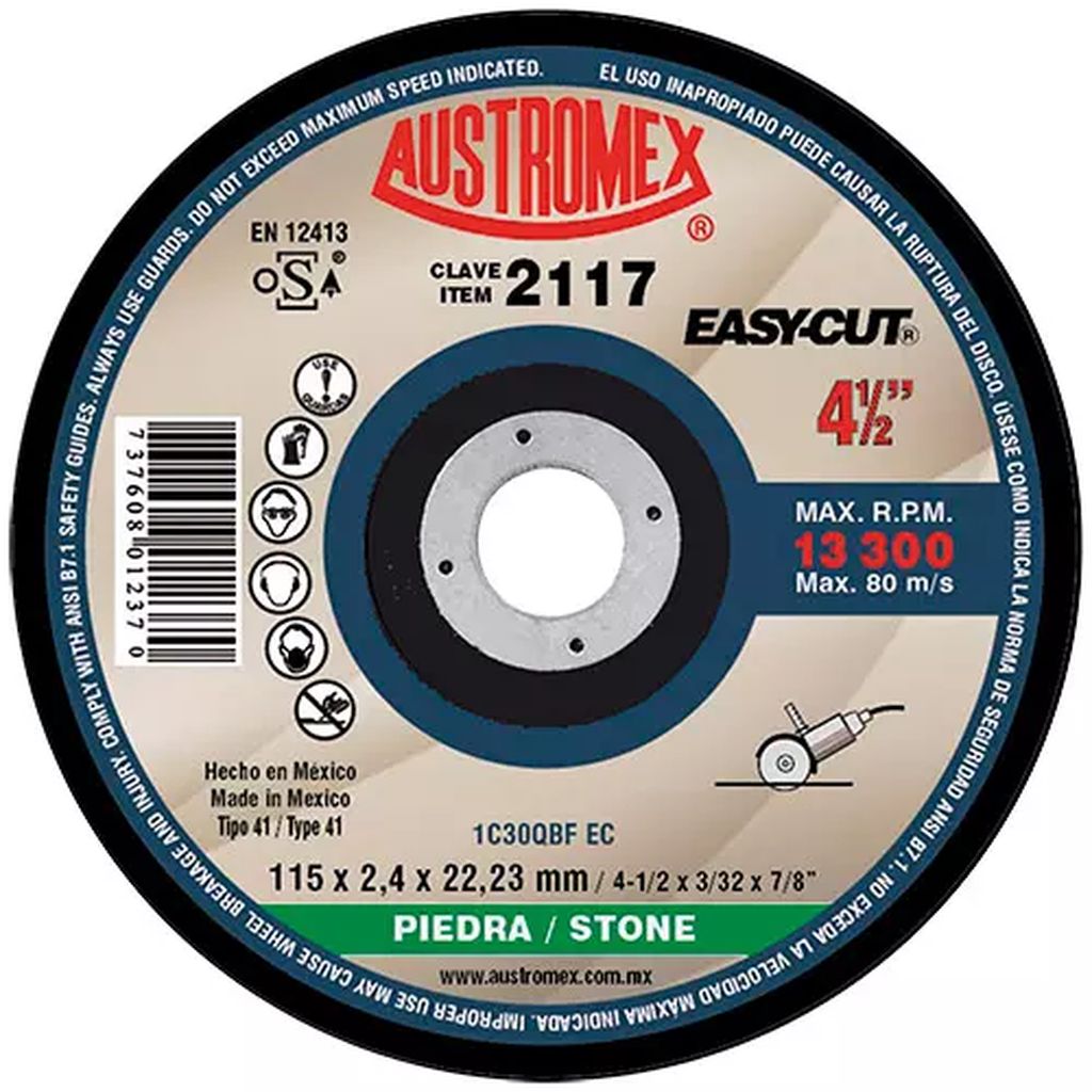 DISCO PARA CORTE DE PIEDRA 4.1/2"X3/32"X7/8" LARGA DURACION (EASY-CUT), AUSTROMEX