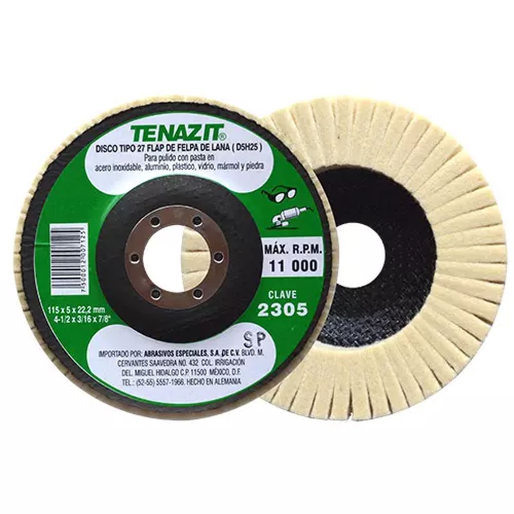 DISCO T-27 4.1/2"X3/16"X7/8" FLAP DE FELPA DE LANA  PARA PULIDO DE ACERO INOX., TENAZIT