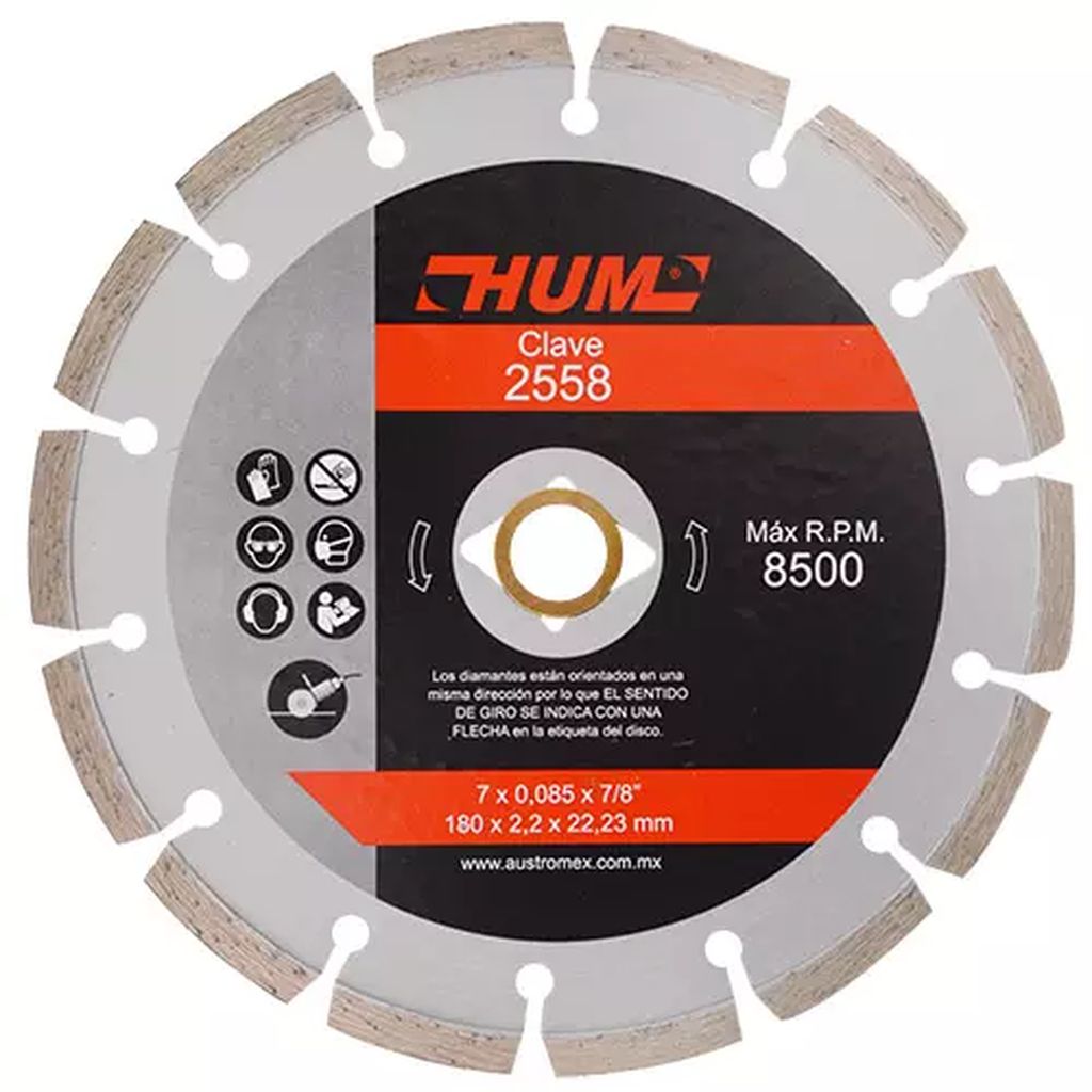 DISCO D/DIAMANTE 7"X2.2X22.2 RIN SEGMENTADO USOS GENERALES (HUM) (REDUCTOR ROMBICO Y DE 22.2 A 15.9M, AUSTRODIAM
