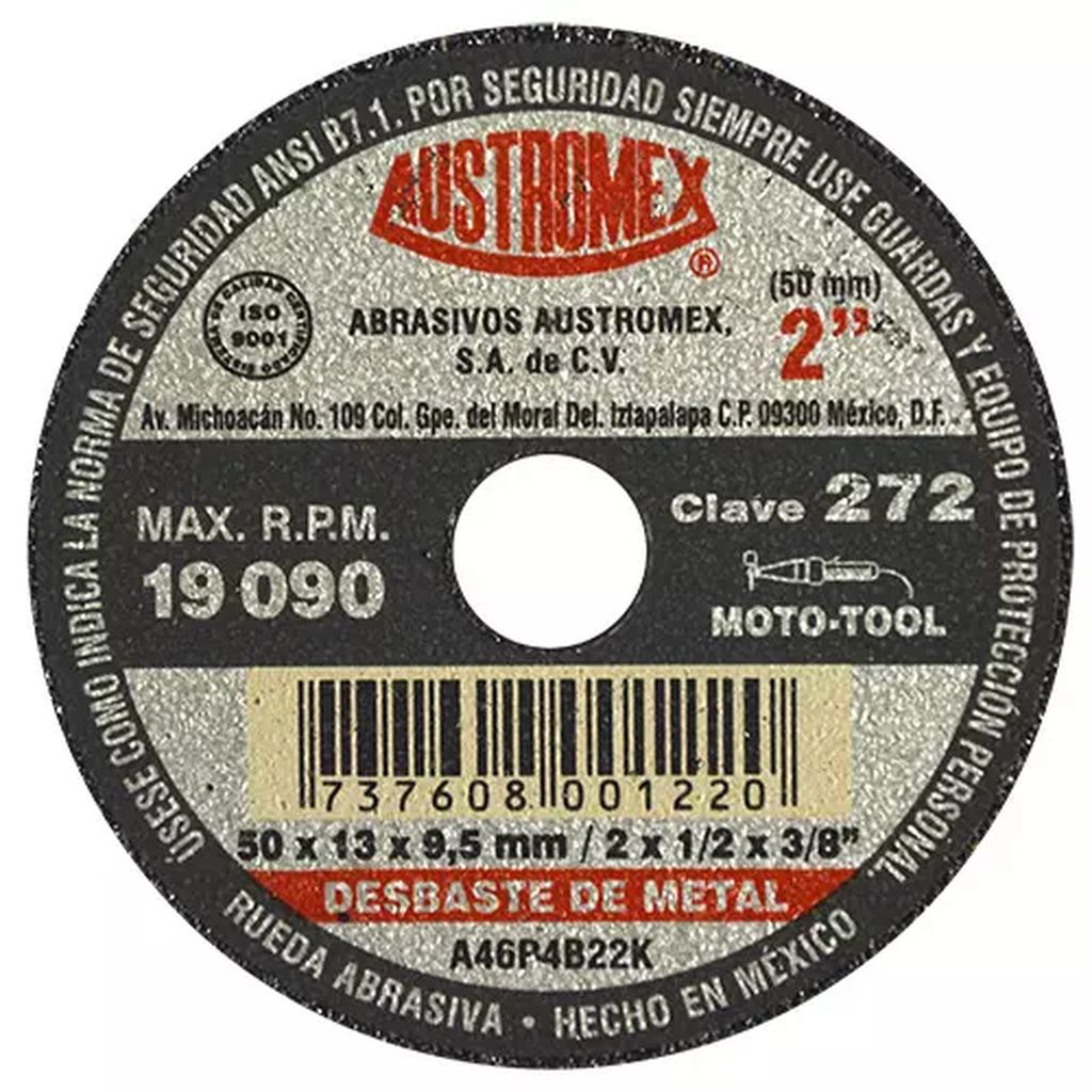 PIEDRA ABRASIVA T-1 2"X1/2"X3/8" G46 RESINA DESBASTE-FUNDICION-ESTRUCTURAS-TANQUES-TUBOS, AUSTROMEX