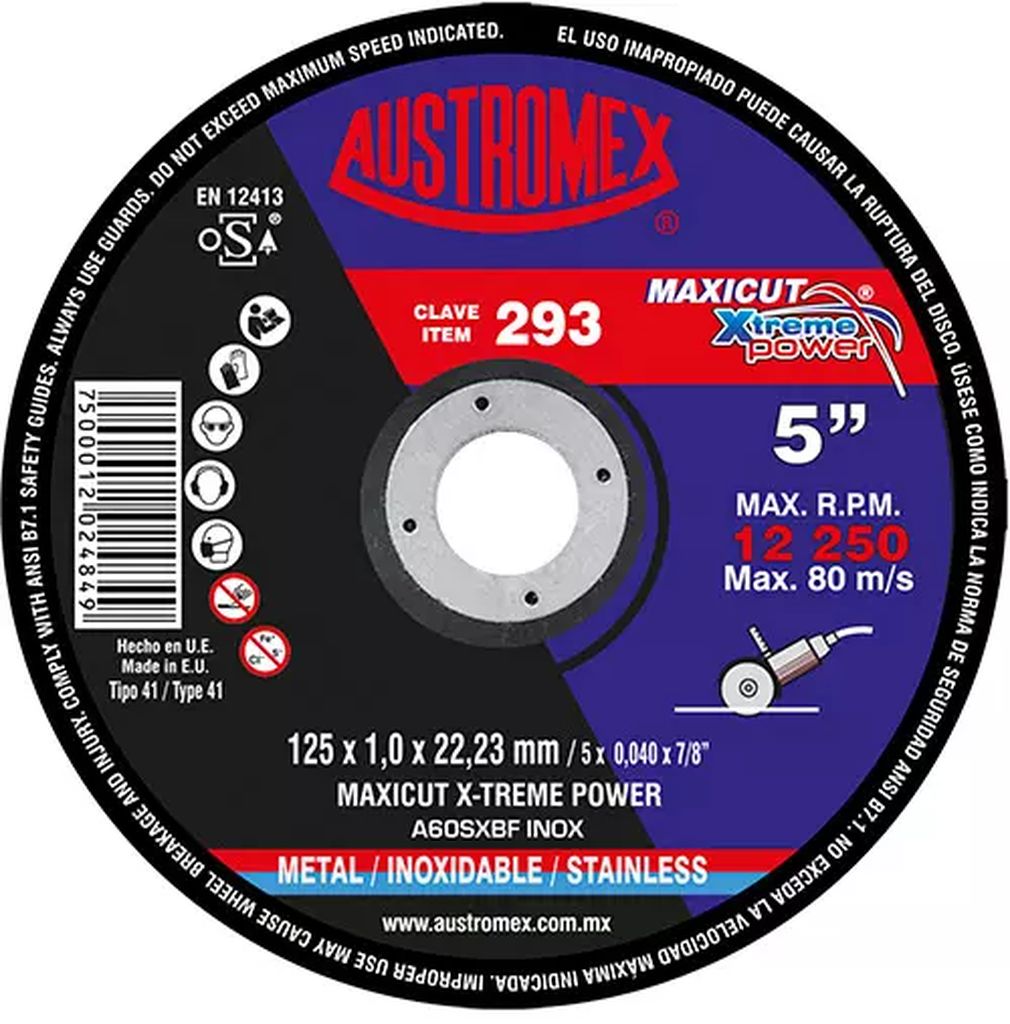 DISCO PARA CORTE DE ACERO INOXIDABLE 5"X0.140"X7/8" LARGA DURACION (ZA-MAXICUT), AUSTROMEX