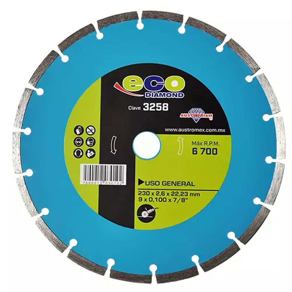 DISCO DE DIAMANTE 9"X0.1"X7/8" SEGMENTADO USOS GENERALES (ECODIAMOND), AUSTRODIAM