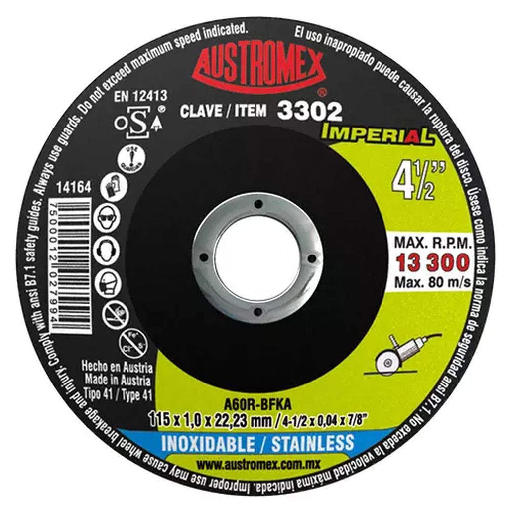 DISCO PARA CORTE DE A. INOX. 4.1/2"X1MMX7/8" SUPER DELGADO (IMPERIAL), AUSTROMEX