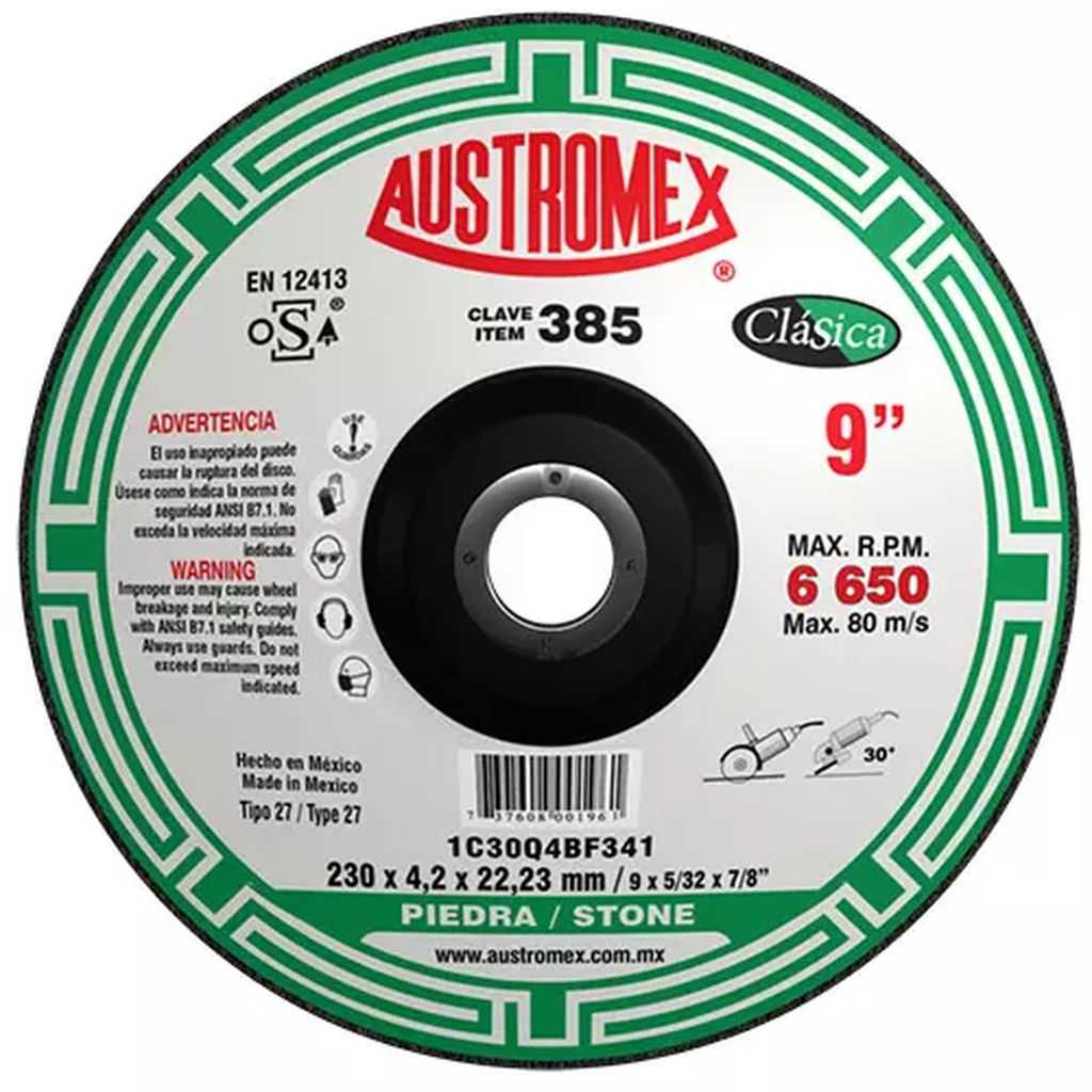 DISCO T-27 9"X5/32"X7/8" PARA DESBASTE LIGERO Y CORTE DE PIEDRA (ALTO RENDIMIENTO), AUSTROMEX