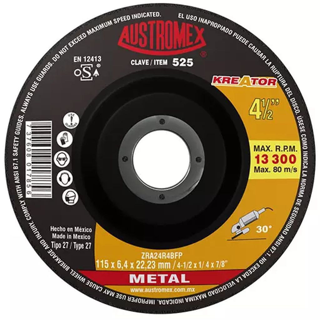 DISCO T-27 4.1/2"X1/4"X7/8" PARA DESBASTE DE METAL (KREATOR), AUSTROMEX