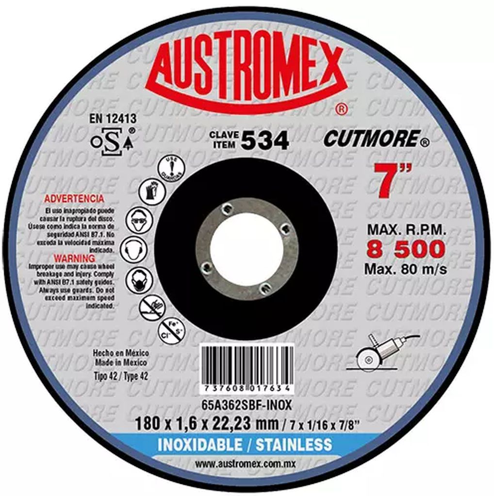 DISCO PARA CORTE DE ACERO INOXIDABLE 7"X1/16"X7/8" TIPO 42 (CUTMORE), AUSTROMEX