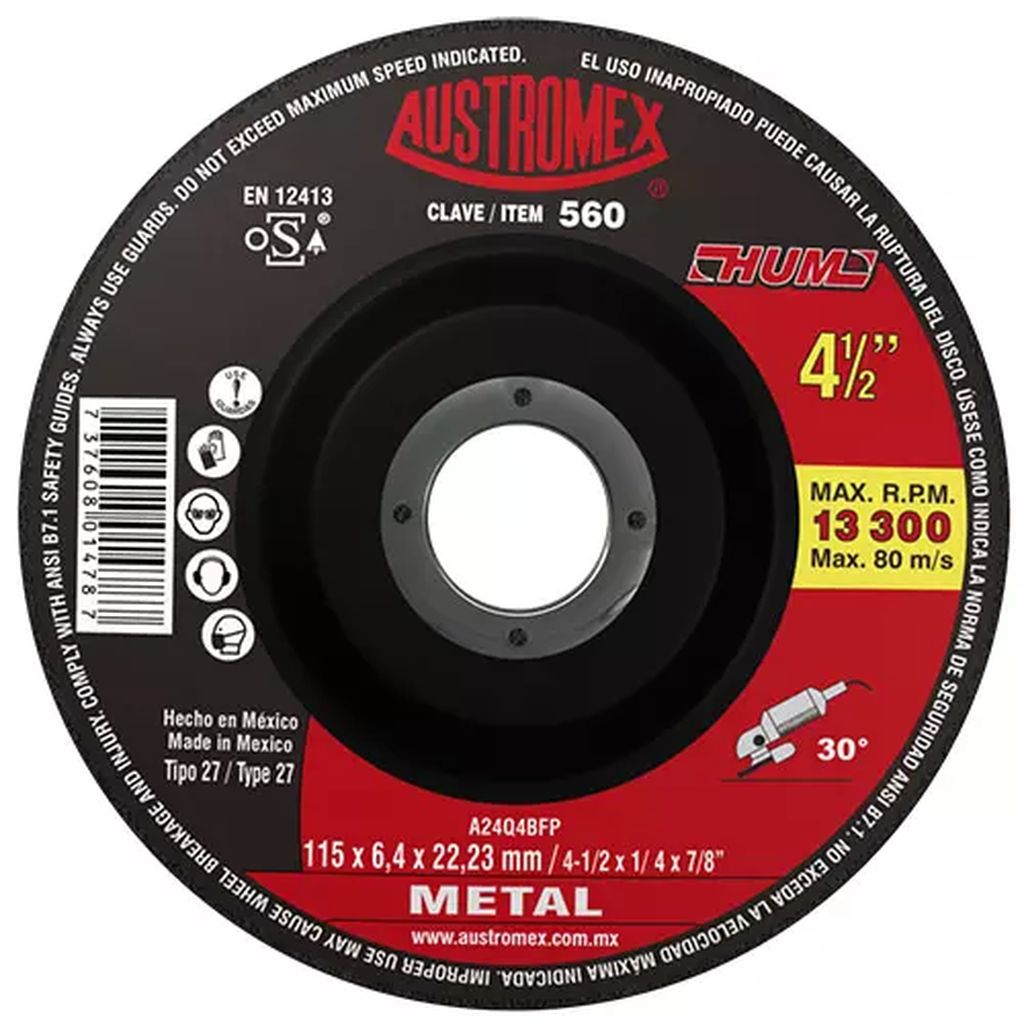 DISCO T-27 4.1/2"X1/4"X7/8" PARA DESBASTE DE METAL (HUM), AUSTROMEX