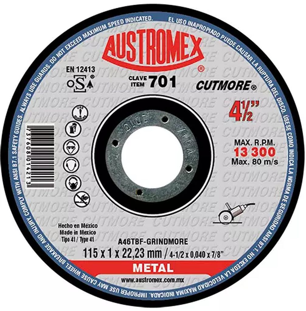 DISCO PARA CORTE DE METAL 4.1/2" X1MMX7/8" SUPER DELGADO (GRINDMORE), AUSTROMEX