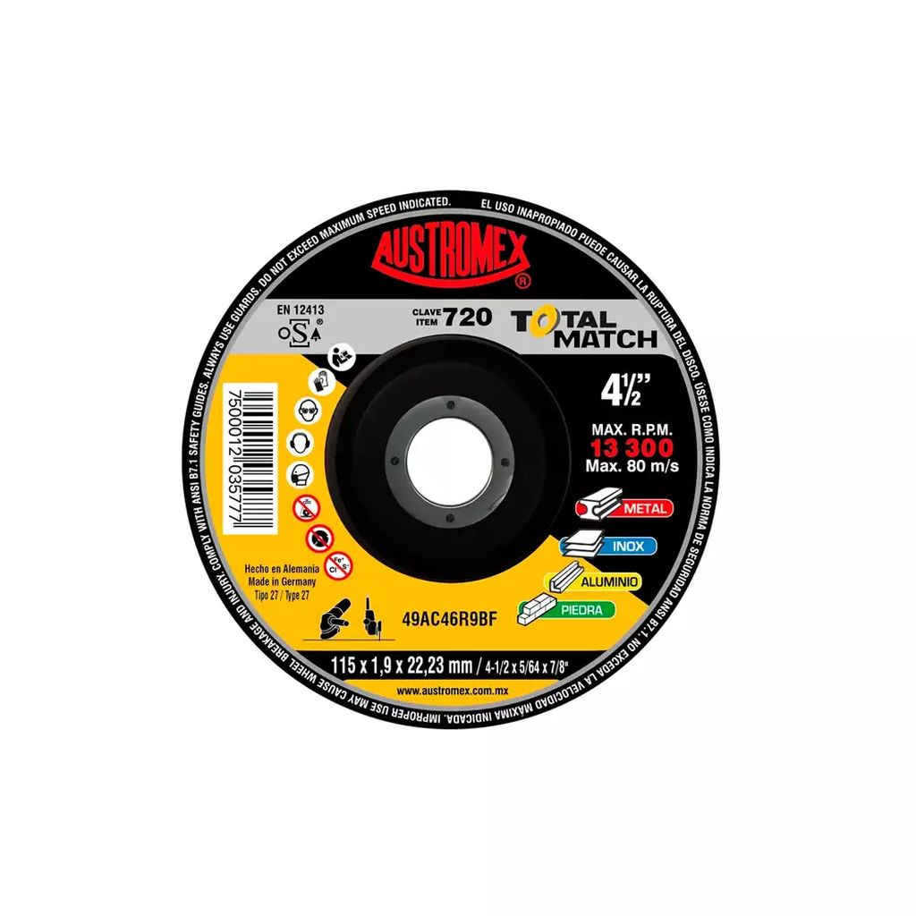 DISCO PARA CORTE Y DESBASTE FINO 4.1/2"X5/64"X7/8" CORTE, REBABEO, BISELADO Y DESBASTE (TOTAL MATCH), AUSTROMEX