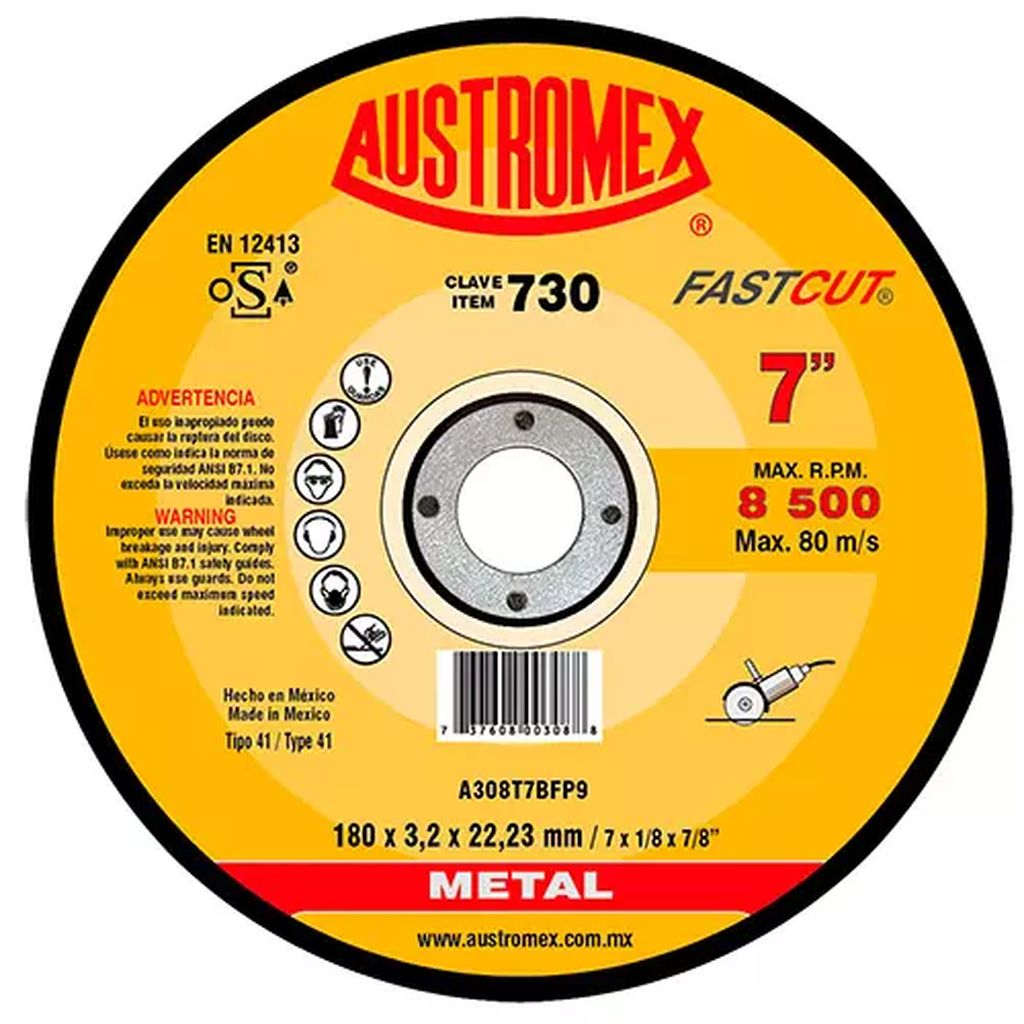 DISCO PARA CORTE DE METAL 7"X1/8"X7/8" LARGA DURACION (FASTCUT), AUSTROMEX